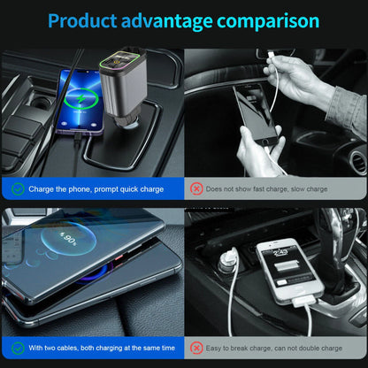 Upgraded 120W PD+USB Quick Charger with 2 Retractable Cable Fast Charging Car Phone Charge with Ambient Light 4In1 Power Adapter