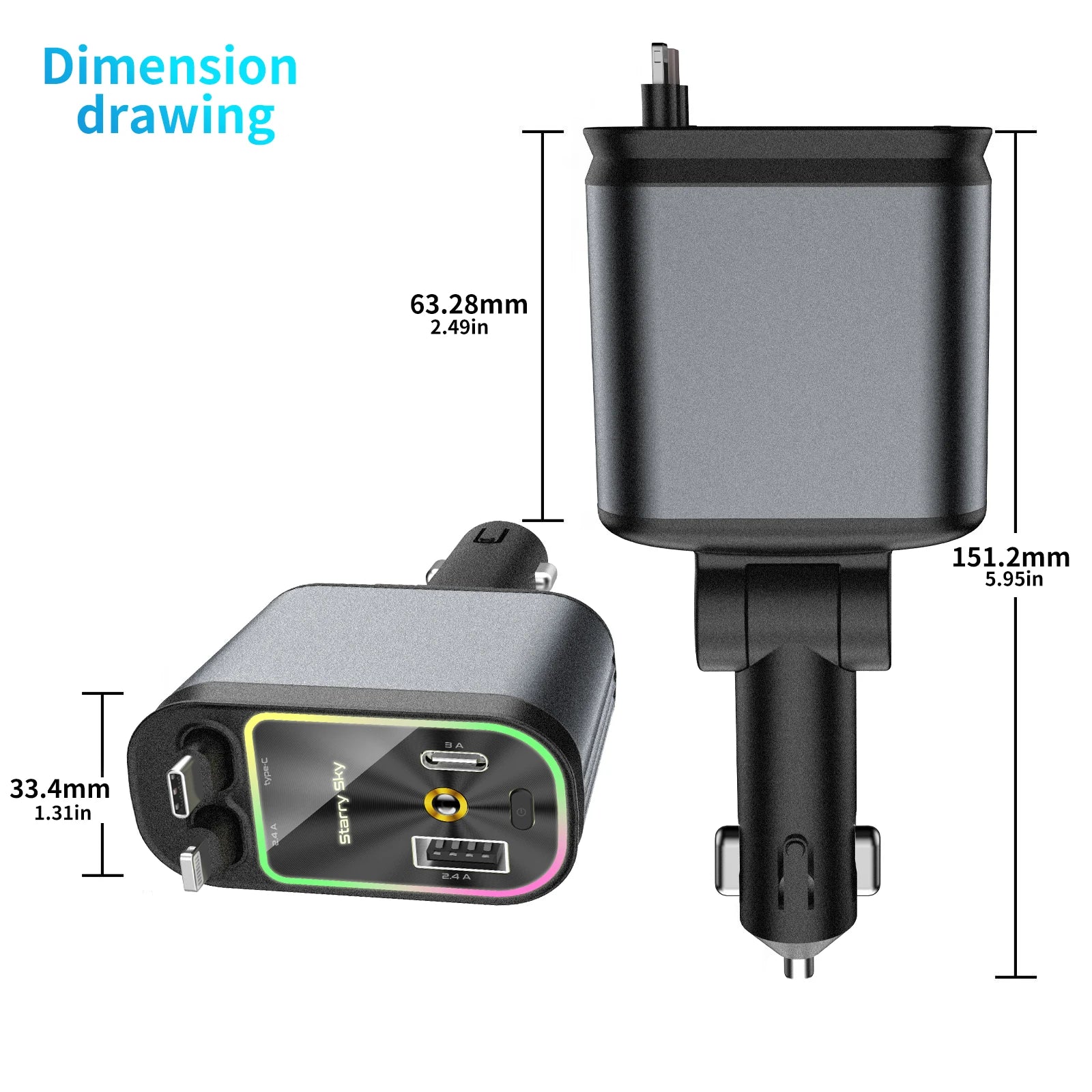 Upgraded 120W PD+USB Quick Charger with 2 Retractable Cable Fast Charging Car Phone Charge with Ambient Light 4In1 Power Adapter