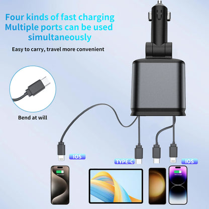 Upgraded 120W PD+USB Quick Charger with 2 Retractable Cable Fast Charging Car Phone Charge with Ambient Light 4In1 Power Adapter
