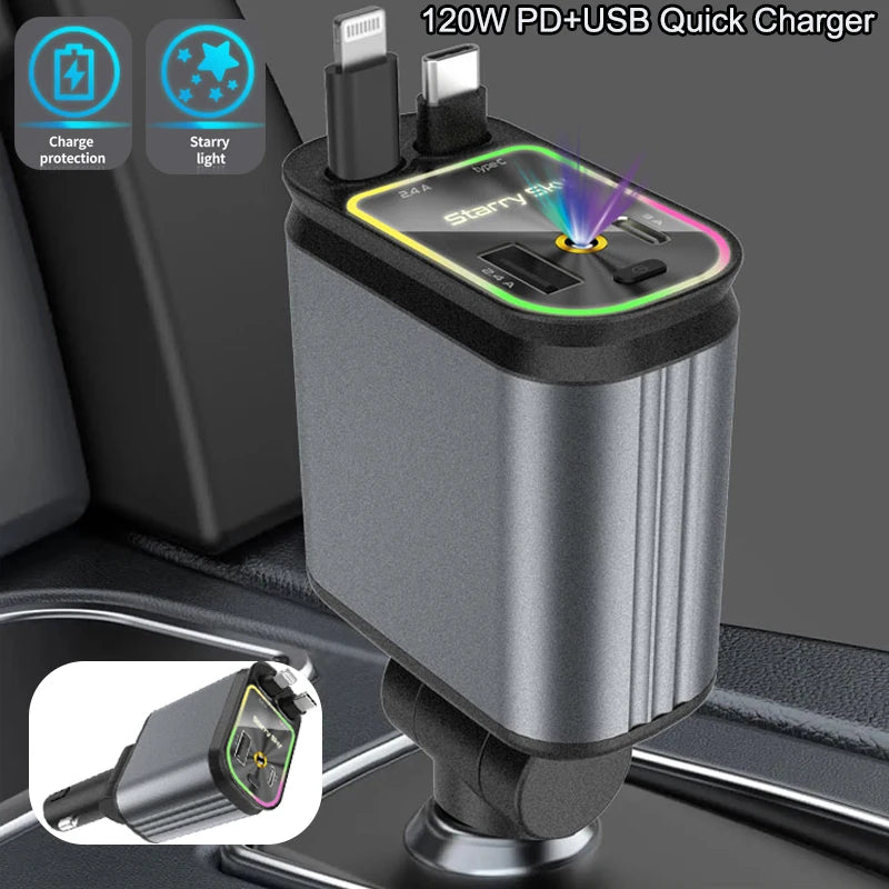 Upgraded 120W PD+USB Quick Charger with 2 Retractable Cable Fast Charging Car Phone Charge with Ambient Light 4In1 Power Adapter