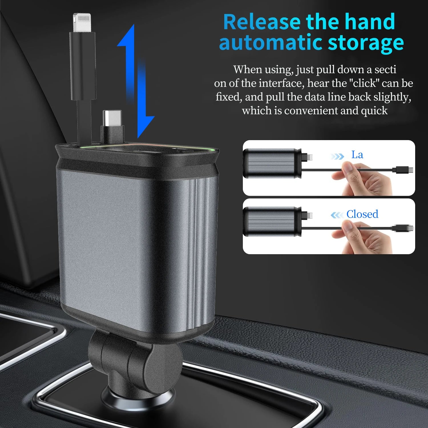 Upgraded 120W PD+USB Quick Charger with 2 Retractable Cable Fast Charging Car Phone Charge with Ambient Light 4In1 Power Adapter
