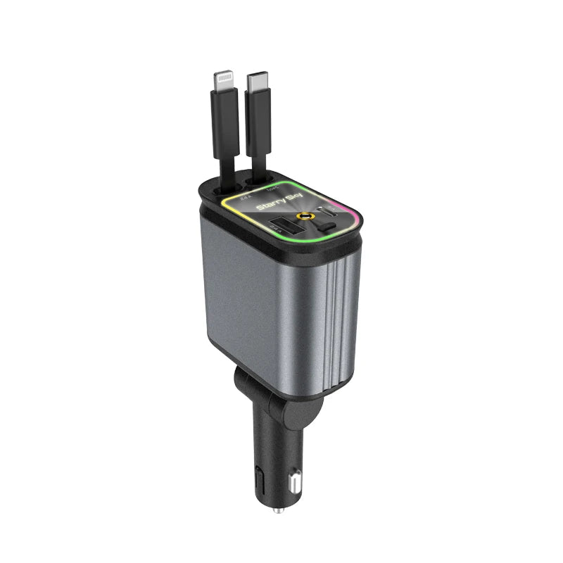 Upgraded 120W PD+USB Quick Charger with 2 Retractable Cable Fast Charging Car Phone Charge with Ambient Light 4In1 Power Adapter