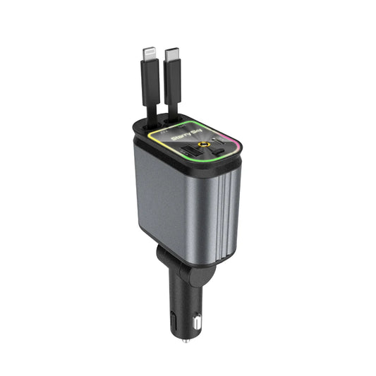 Upgraded 120W PD+USB Quick Charger with 2 Retractable Cable Fast Charging Car Phone Charge with Ambient Light 4In1 Power Adapter
